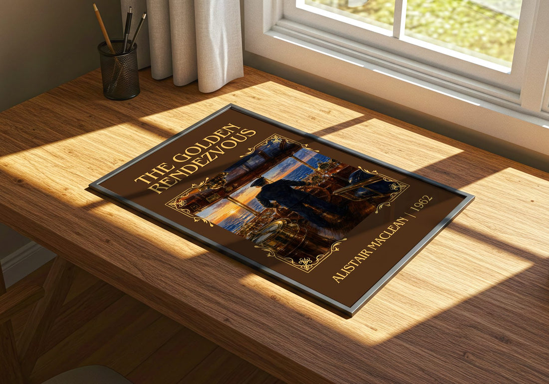 The Golden Rendezvous Classic Book Art Print by Alistair MacLean – print on a sunlit desk