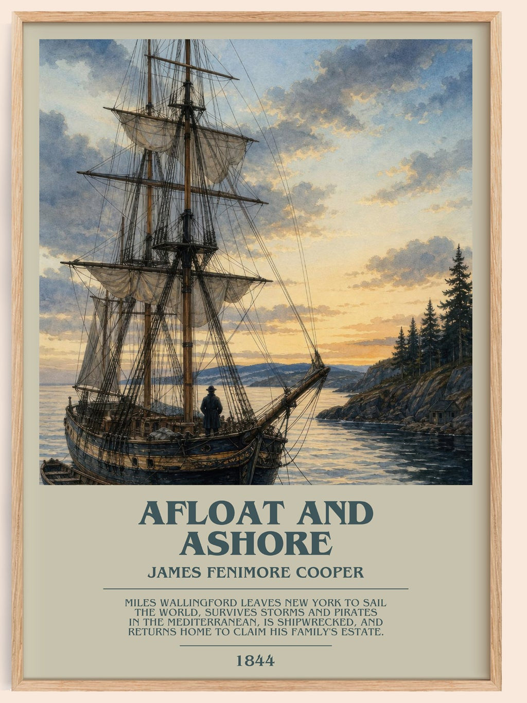 Afloat And Ashore bookish book poster by James Fenimore Cooper – framed literary art print