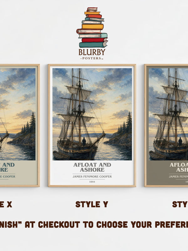 Afloat And Ashore book cover print in frame leaning in hallway – adventure wall art