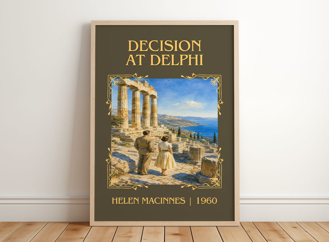 Decision at Delphi Classic Book Art Print by Helen MacInnes – framed print leaning on a wooden floor
