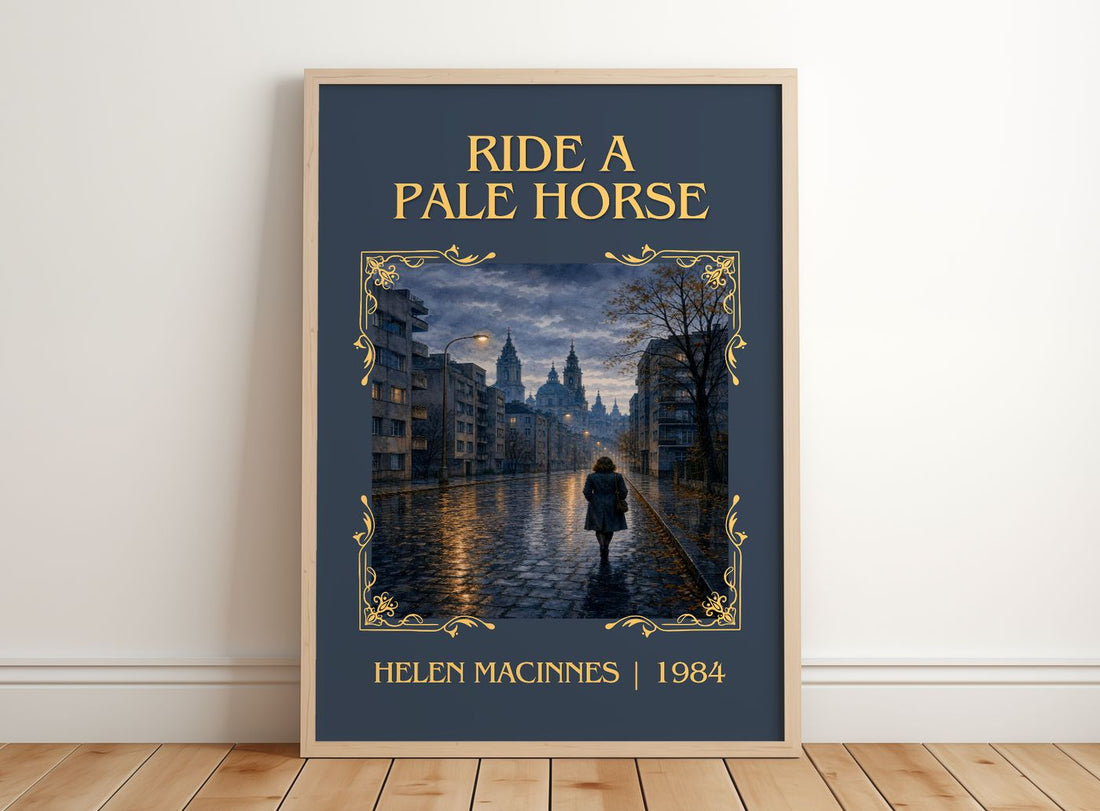 Ride a Pale Horse Classic Book Art Print by Helen MacInnes – framed print leaning on a wooden floor