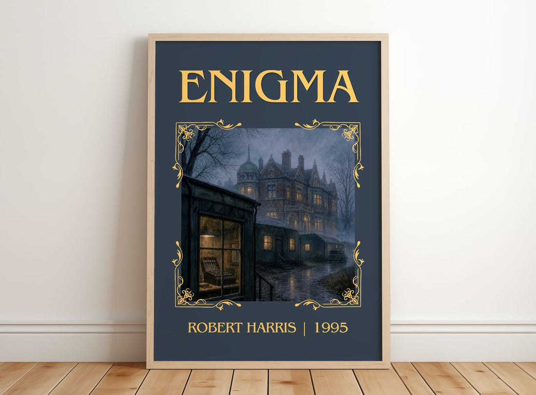 Enigma Classic Book Art Print by Robert Harris – framed print leaning on a wooden floor