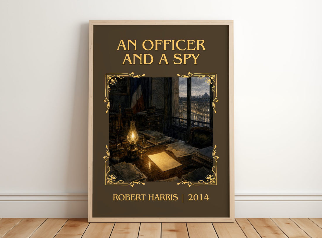 An Officer and a Spy Classic Book Art Print by Robert Harris – framed print leaning on a wooden floor