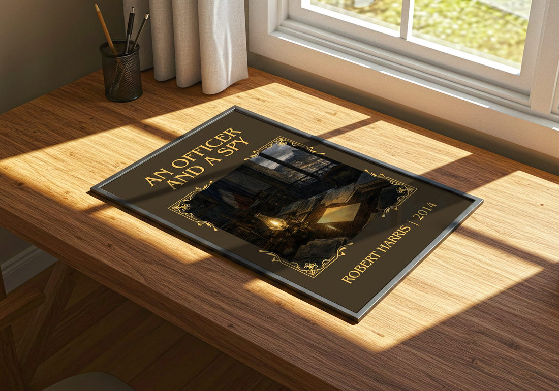 An Officer and a Spy Classic Book Art Print by Robert Harris – print on a sunlit desk