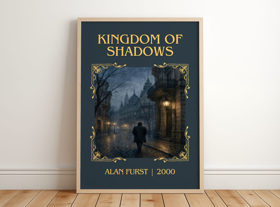 Kingdom of Shadows Classic Book Art Print by Alan Furst – framed print leaning on a wooden floor