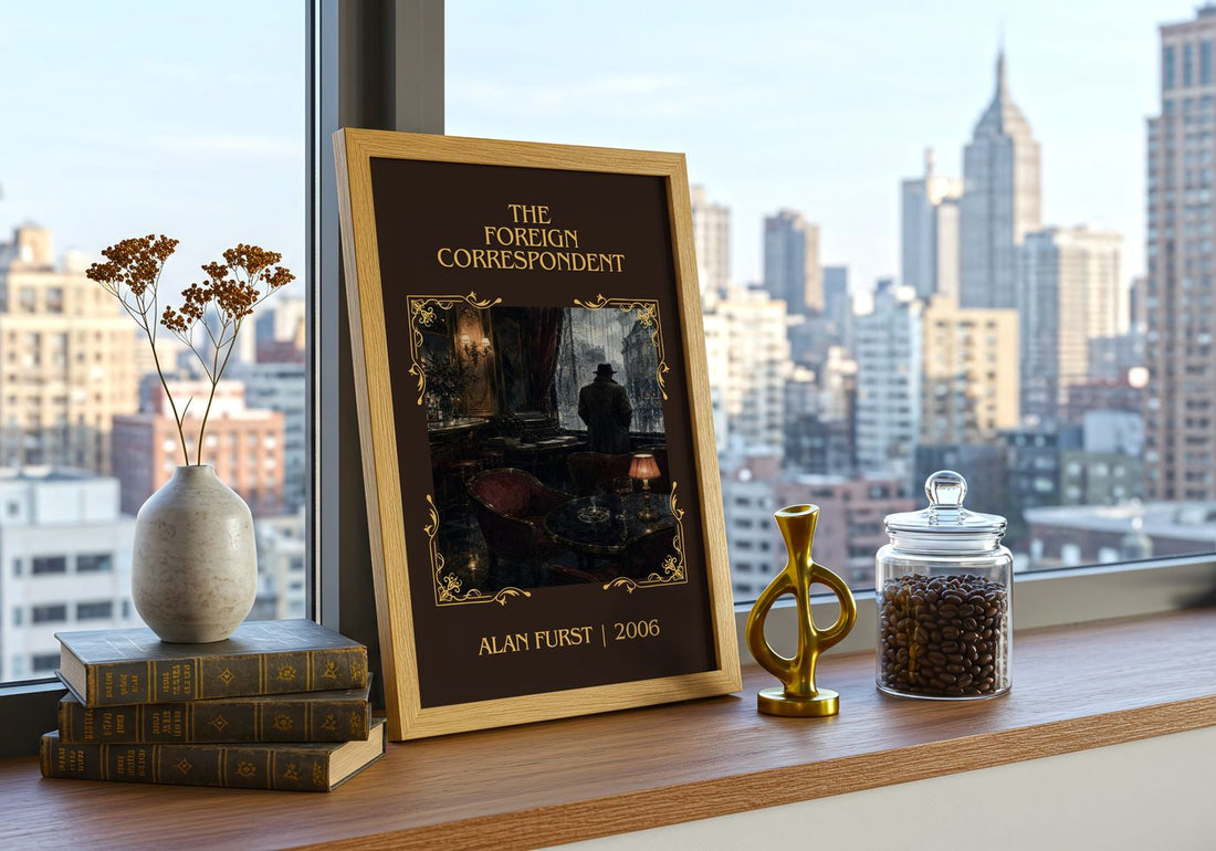 The Foreign Correspondent Classic Book Art Print by Alan Furst – framed print on a city-view windowsill