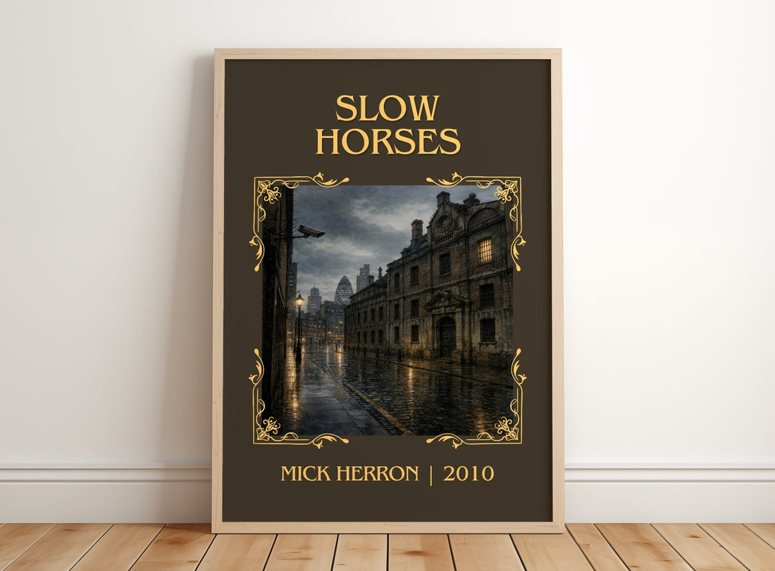 Slow Horses Classic Book Art Print by Mick Herron – framed print leaning on a wooden floor