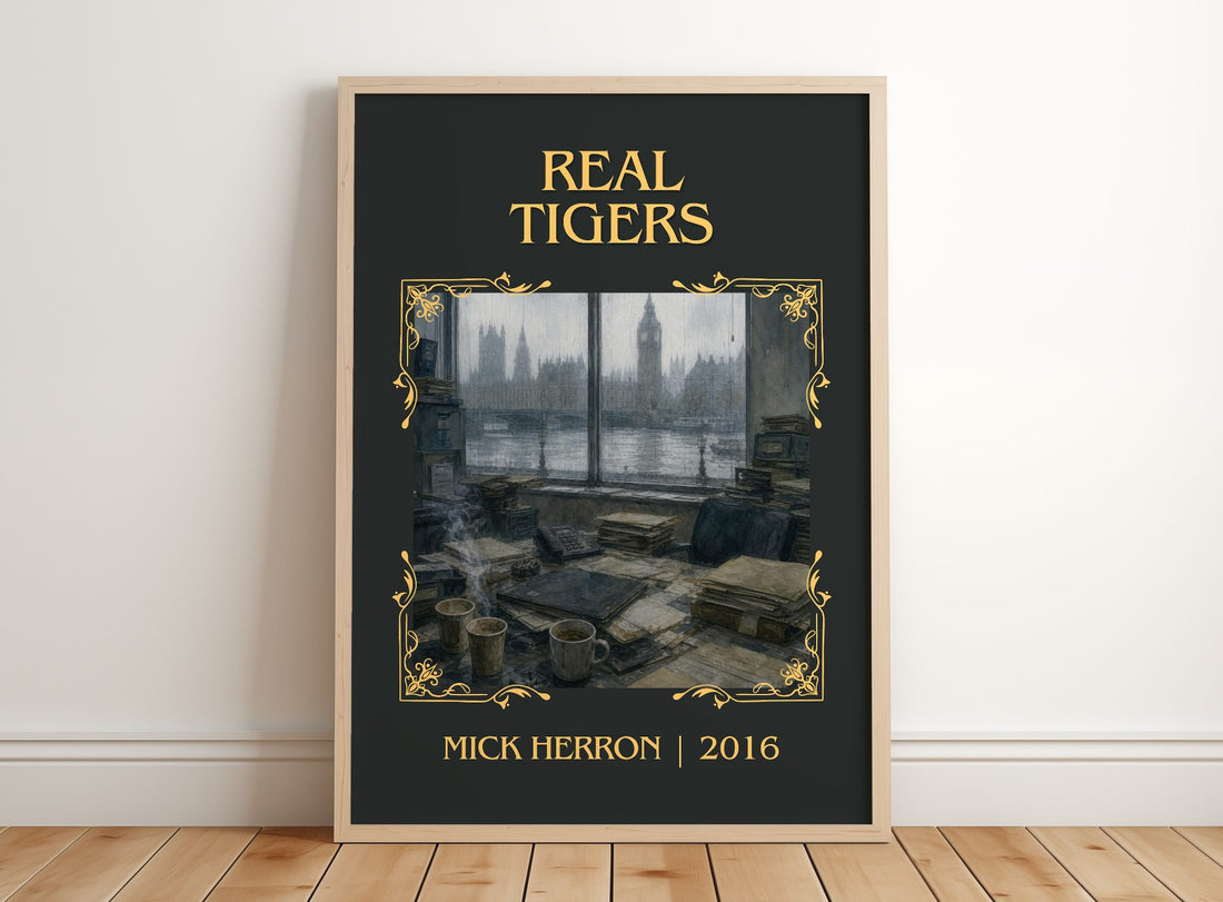 Real Tigers Classic Book Art Print by Mick Herron – framed print leaning on a wooden floor