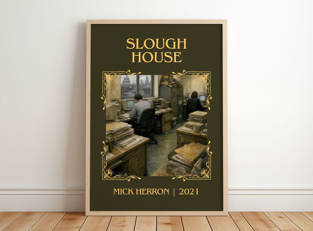 Slough House Classic Book Art Print by Mick Herron – framed print leaning on a wooden floor