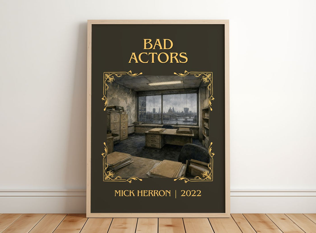 Bad Actors Classic Book Art Print by Mick Herron – framed print leaning on a wooden floor