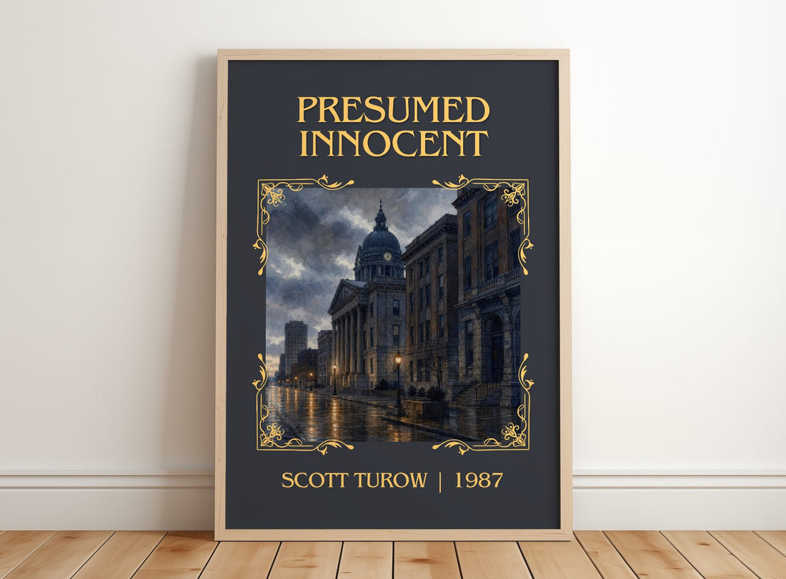Presumed Innocent Classic Book Art Print by Scott Turow – framed print leaning on a wooden floor