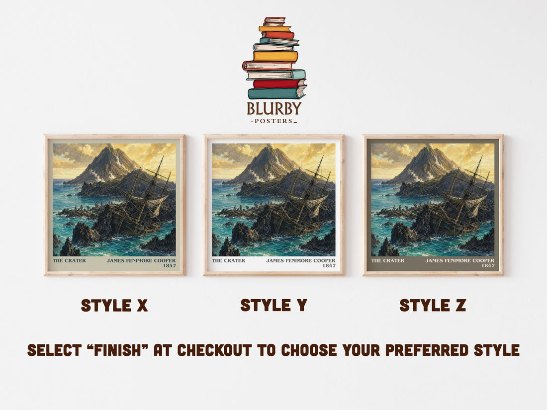 The Crater literary print in frame leaning in hallway – adventure wall art (mockup)