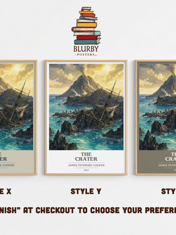 The Crater book cover print in frame leaning in hallway – adventure wall art