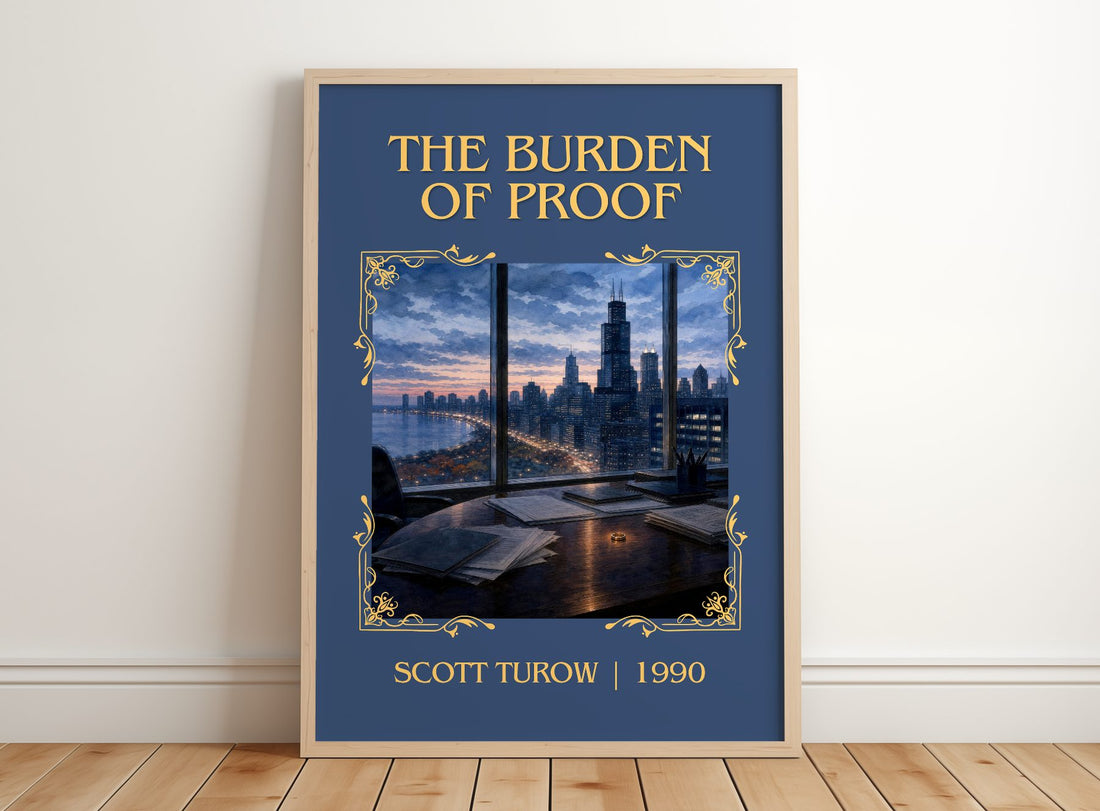 The Burden of Proof Classic Book Art Print by Scott Turow – framed print leaning on a wooden floor
