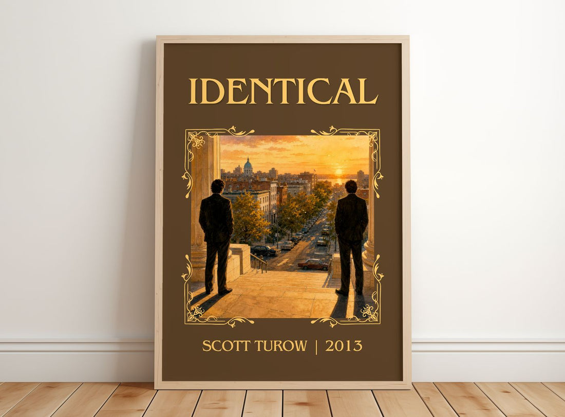 Identical Classic Book Art Print by Scott Turow – framed print leaning on a wooden floor