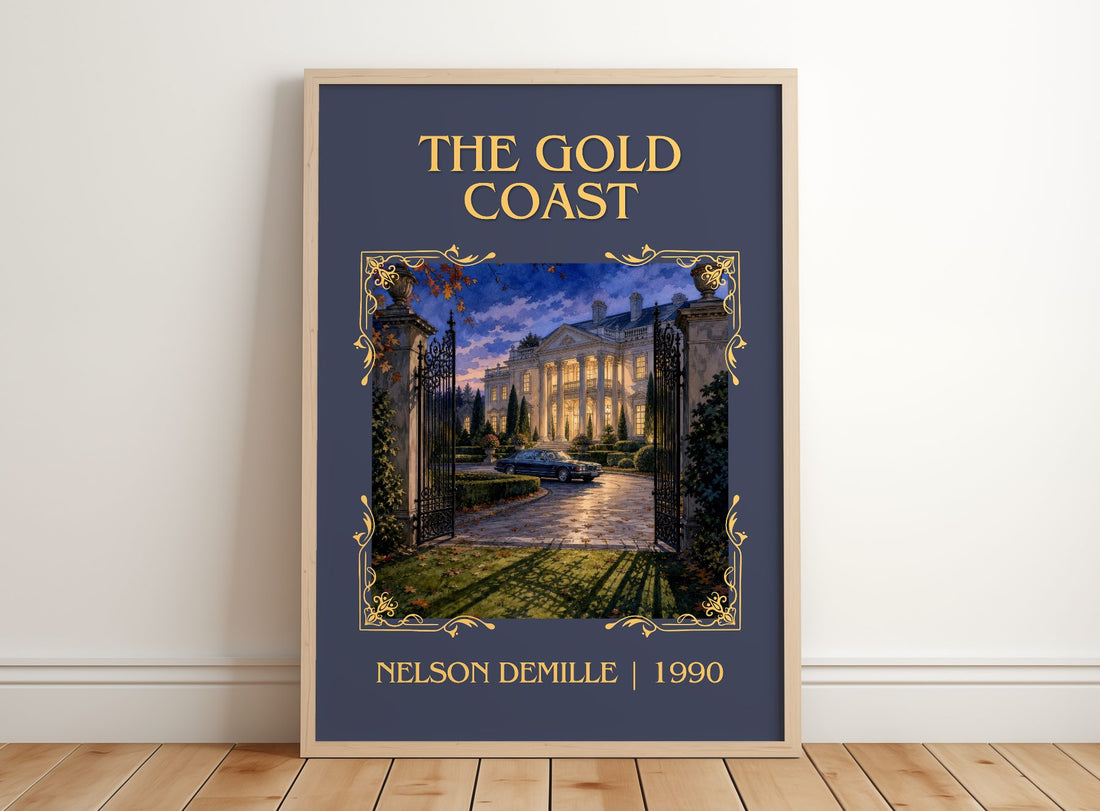 The Gold Coast Classic Book Art Print by Nelson DeMille – framed print leaning on a wooden floor