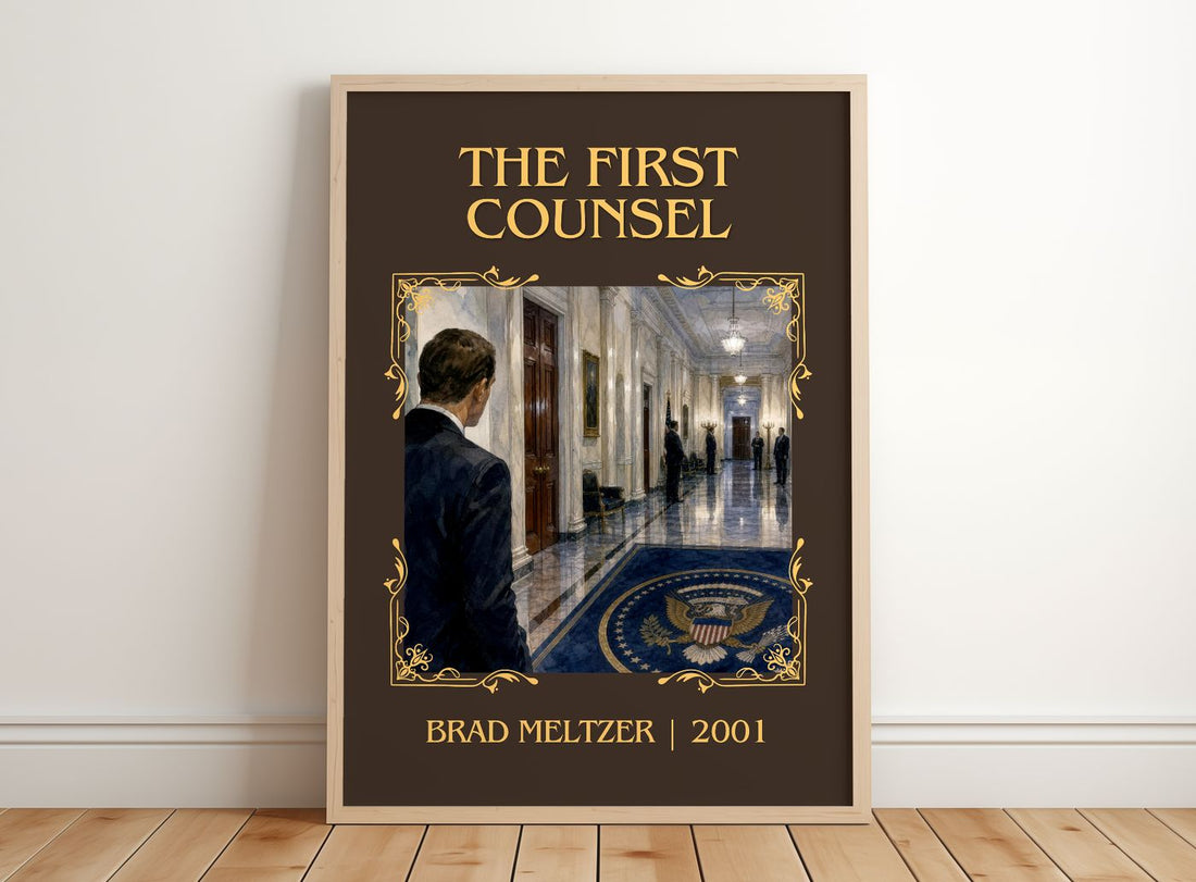 The First Counsel Classic Book Art Print by Brad Meltzer – framed print leaning on a wooden floor