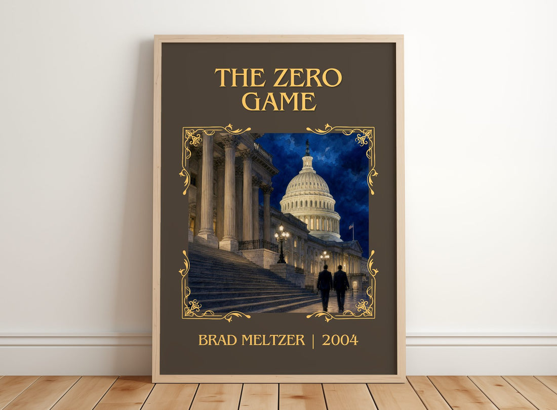 The Zero Game Classic Book Art Print by Brad Meltzer – framed print leaning on a wooden floor