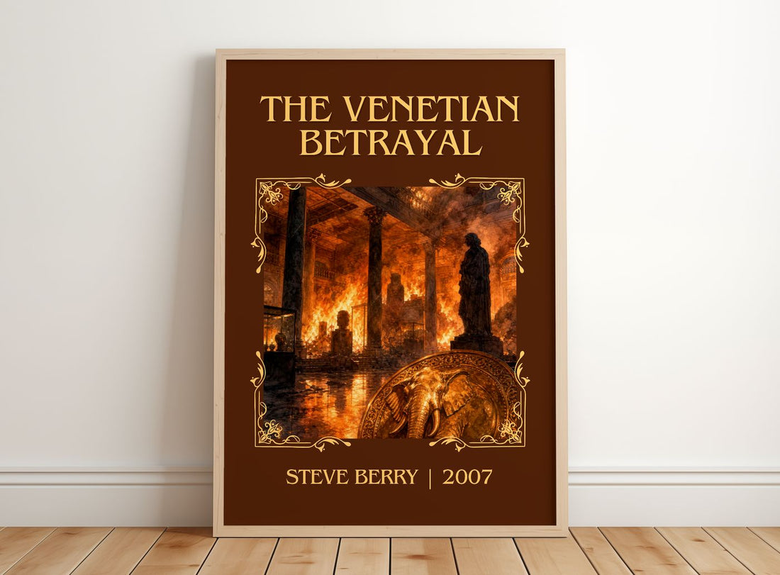 The Venetian Betrayal Classic Book Art Print by Steve Berry – framed print leaning on a wooden floor