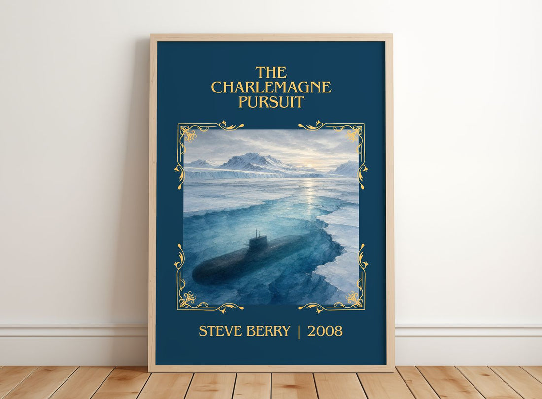 The Charlemagne Pursuit Classic Book Art Print by Steve Berry – framed print leaning on a wooden floor
