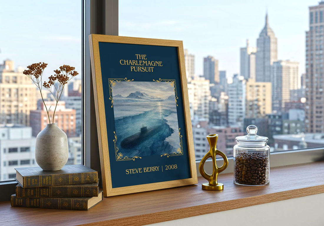 The Charlemagne Pursuit Classic Book Art Print by Steve Berry – framed print on a city-view windowsill