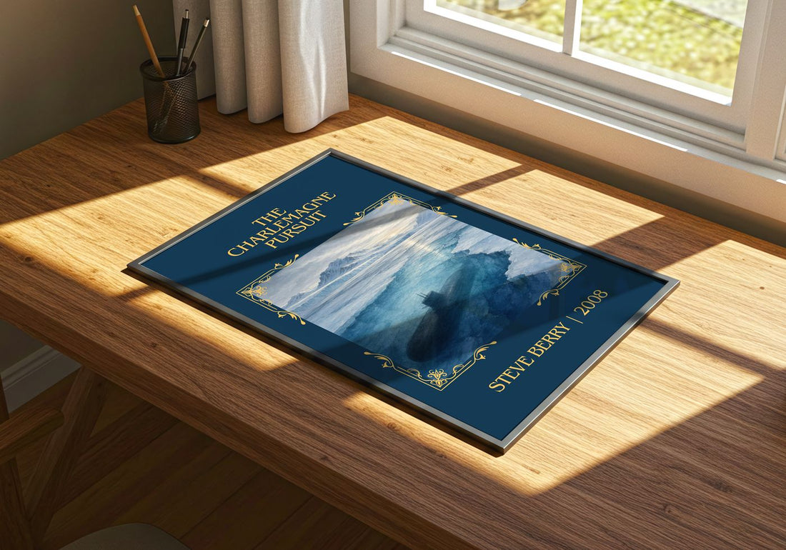 The Charlemagne Pursuit Classic Book Art Print by Steve Berry – print on a sunlit desk