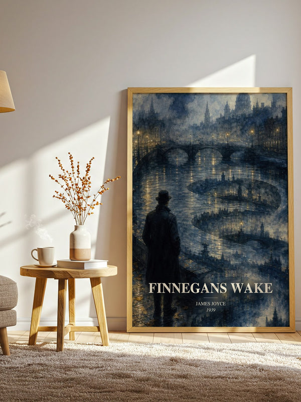 Finnegans Wake watercolour print in frame leaning in hallway – literary fiction wall art