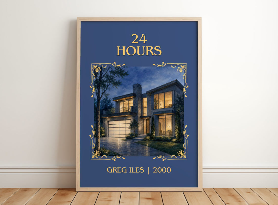 24 Hours Classic Book Art Print by Greg Iles – framed print leaning on a wooden floor