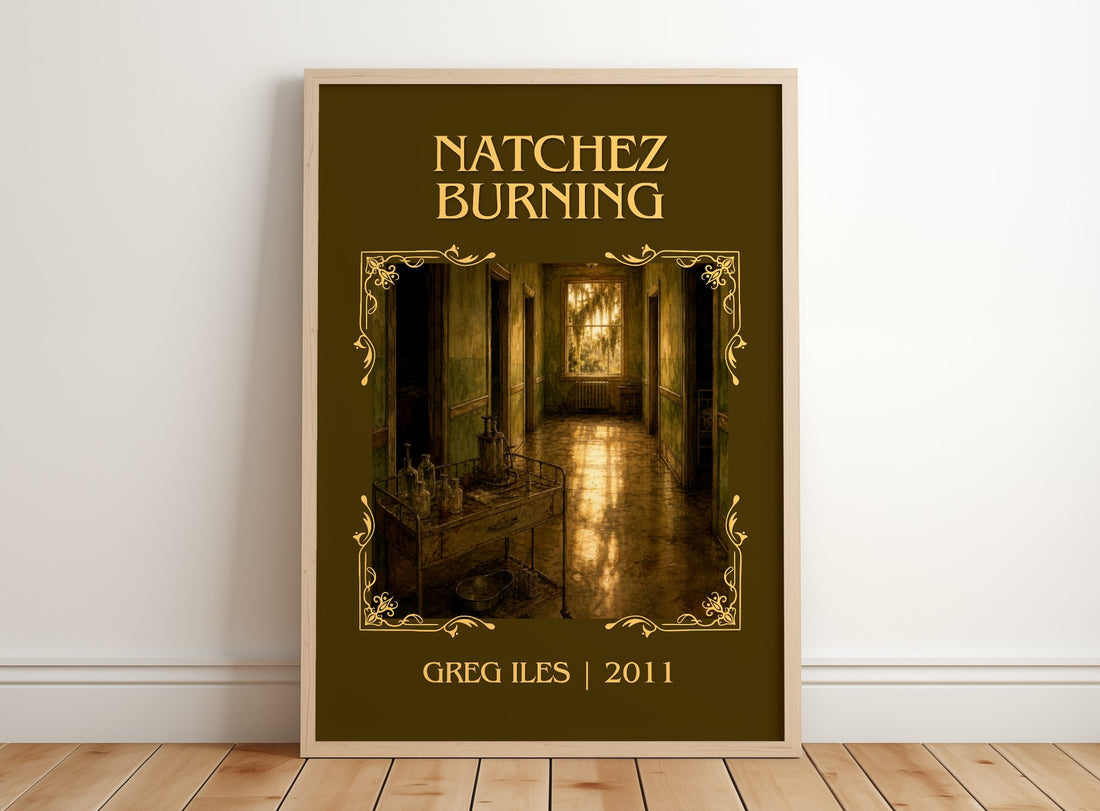 Natchez Burning Classic Book Art Print by Greg Iles – framed print leaning on a wooden floor
