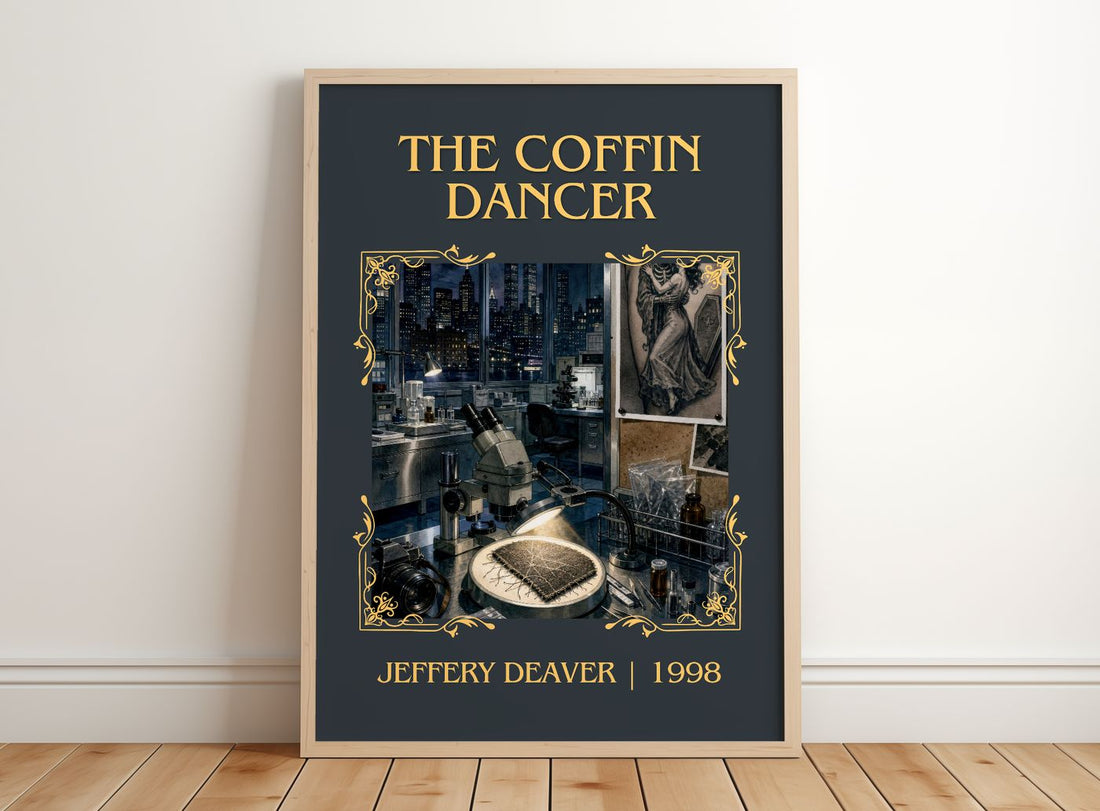 The Coffin Dancer Classic Book Art Print by Jeffery Deaver – framed print leaning on a wooden floor