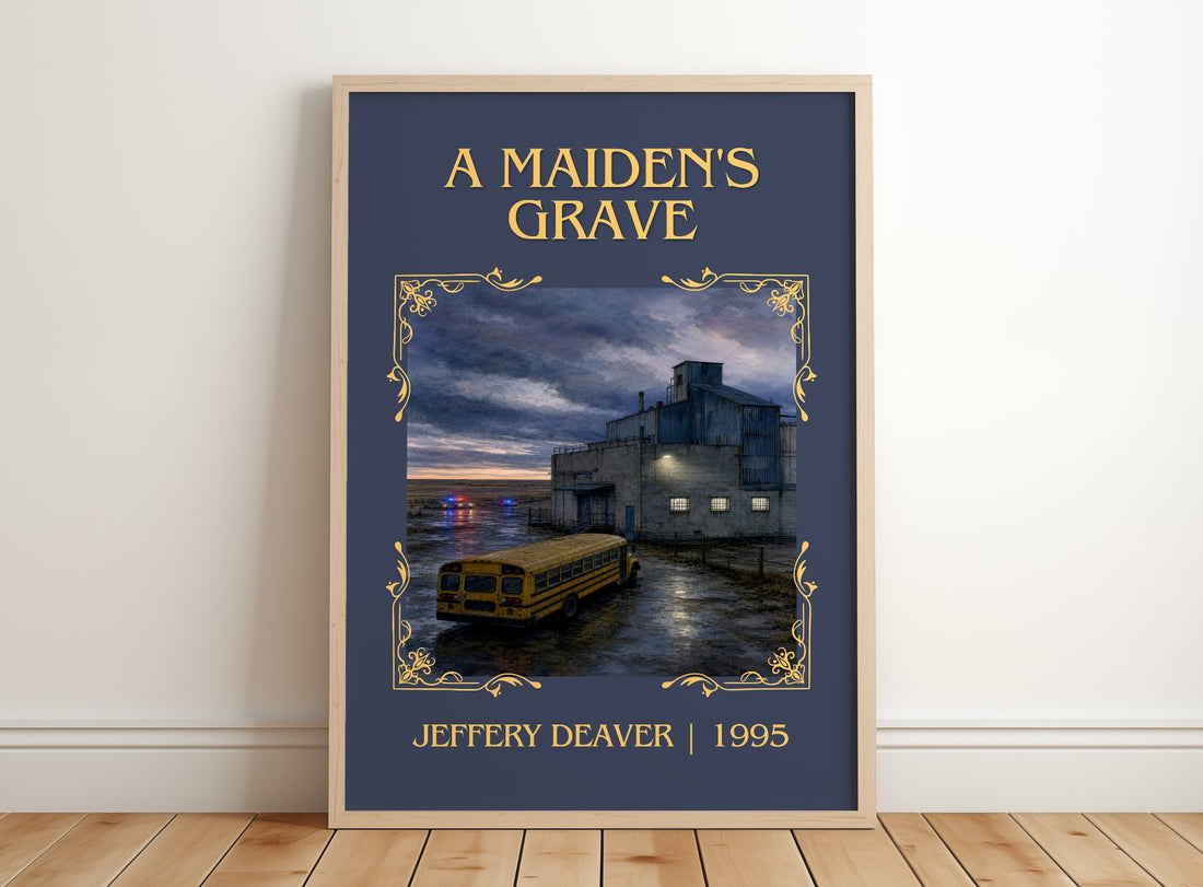 A Maiden's Grave Classic Book Art Print by Jeffery Deaver – framed print leaning on a wooden floor