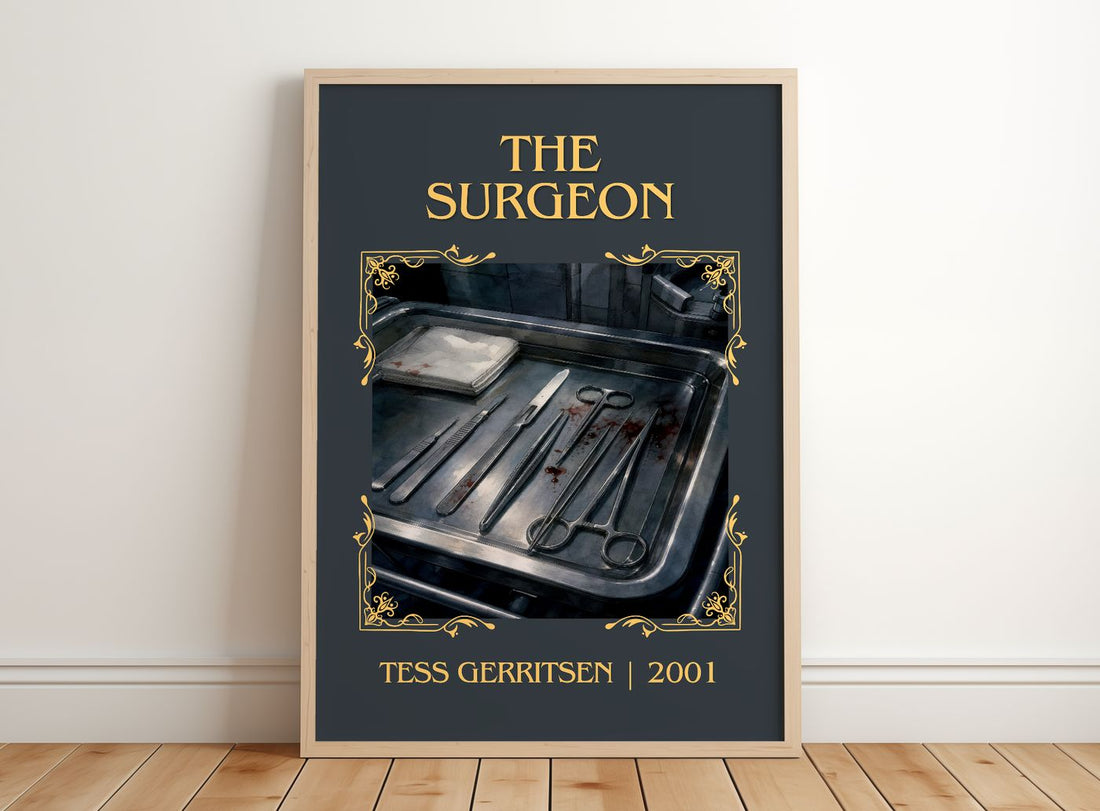 The Surgeon Classic Book Art Print by Tess Gerritsen – framed print leaning on a wooden floor