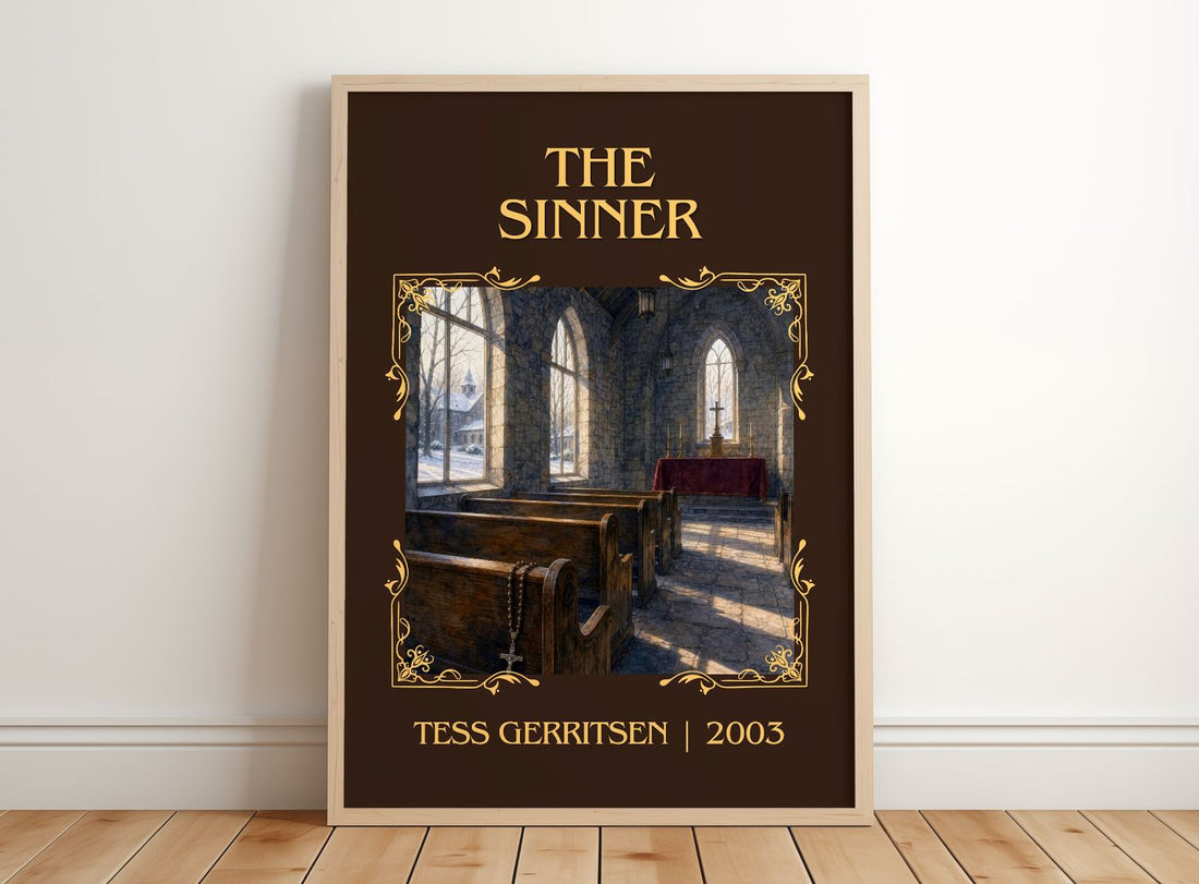 The Sinner Classic Book Art Print by Tess Gerritsen – framed print leaning on a wooden floor