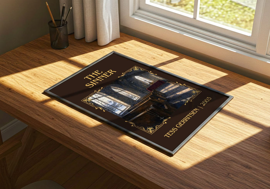 The Sinner Classic Book Art Print by Tess Gerritsen – print on a sunlit desk