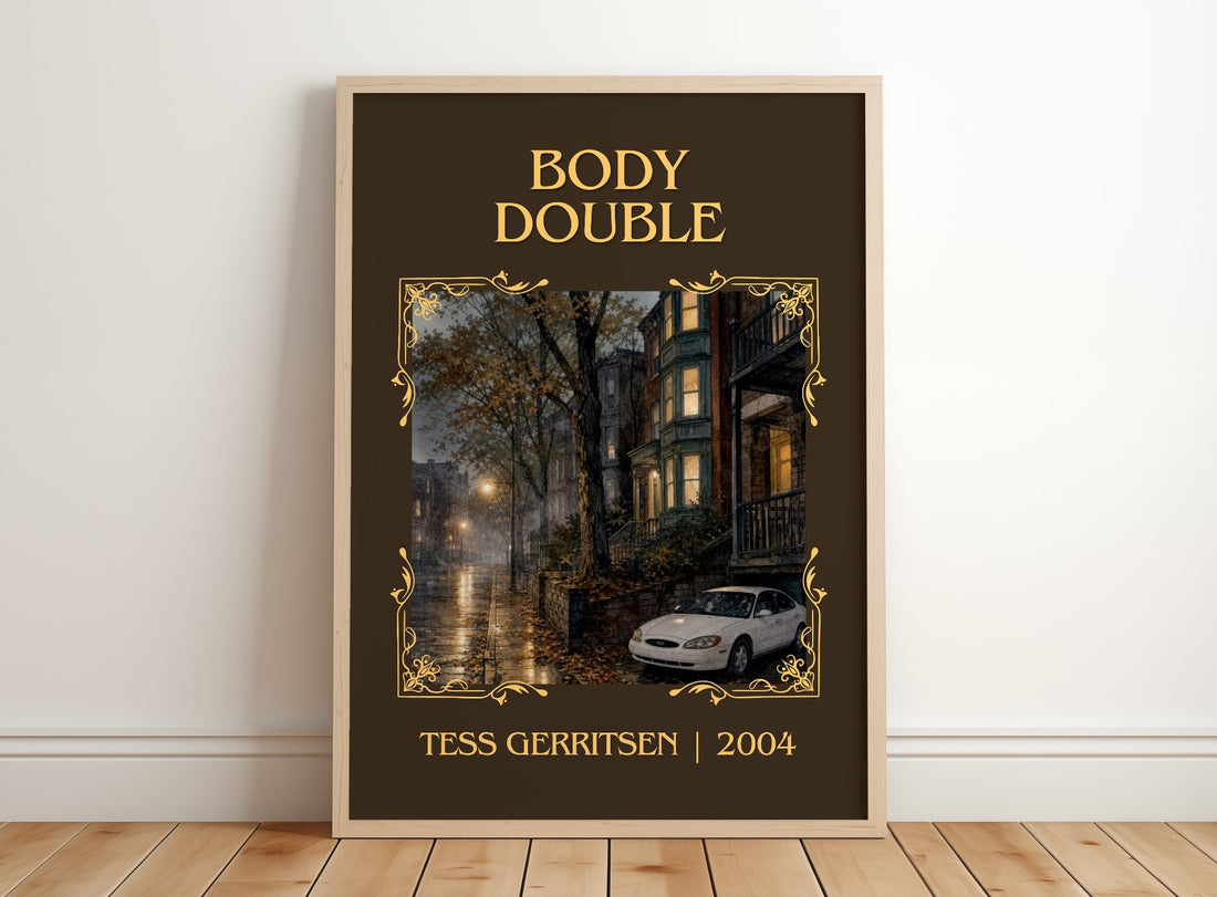 Body Double Classic Book Art Print by Tess Gerritsen – framed print leaning on a wooden floor
