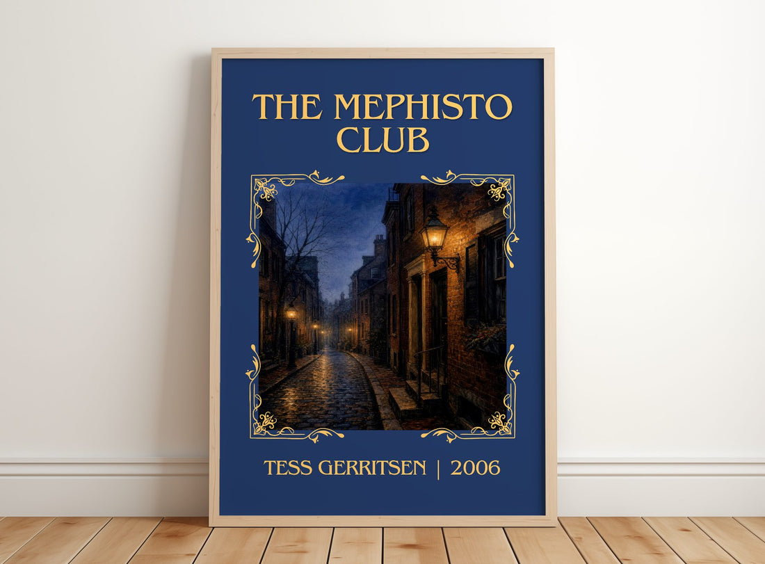 The Mephisto Club Classic Book Art Print by Tess Gerritsen – framed print leaning on a wooden floor