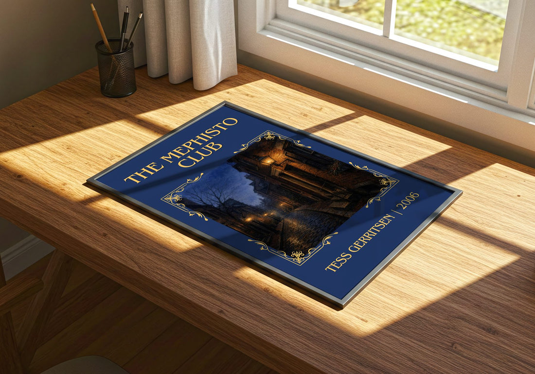 The Mephisto Club Classic Book Art Print by Tess Gerritsen – print on a sunlit desk