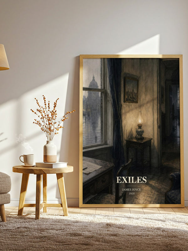 Exiles watercolour print in frame leaning in hallway – literary fiction wall art