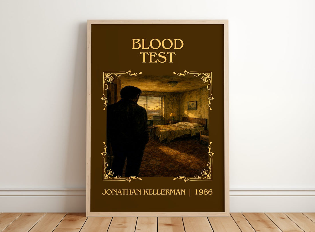 Blood Test Classic Book Art Print by Jonathan Kellerman – framed print leaning on a wooden floor