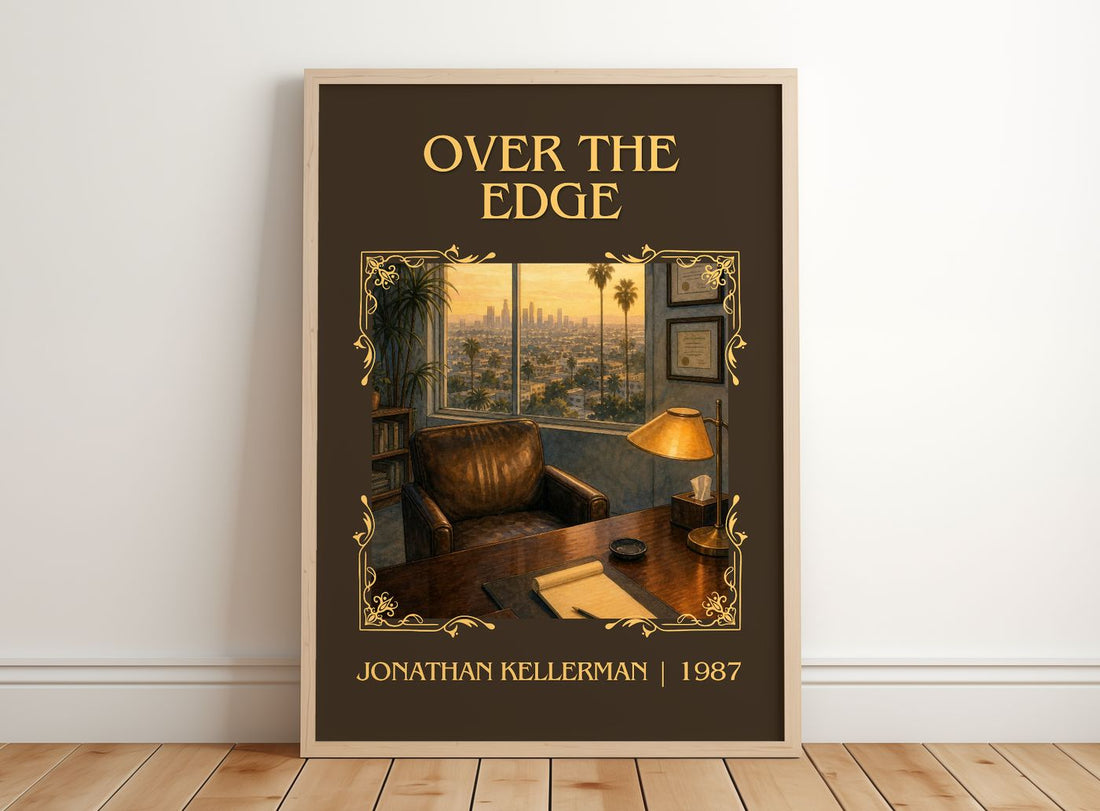 Over the Edge Classic Book Art Print by Jonathan Kellerman – framed print leaning on a wooden floor