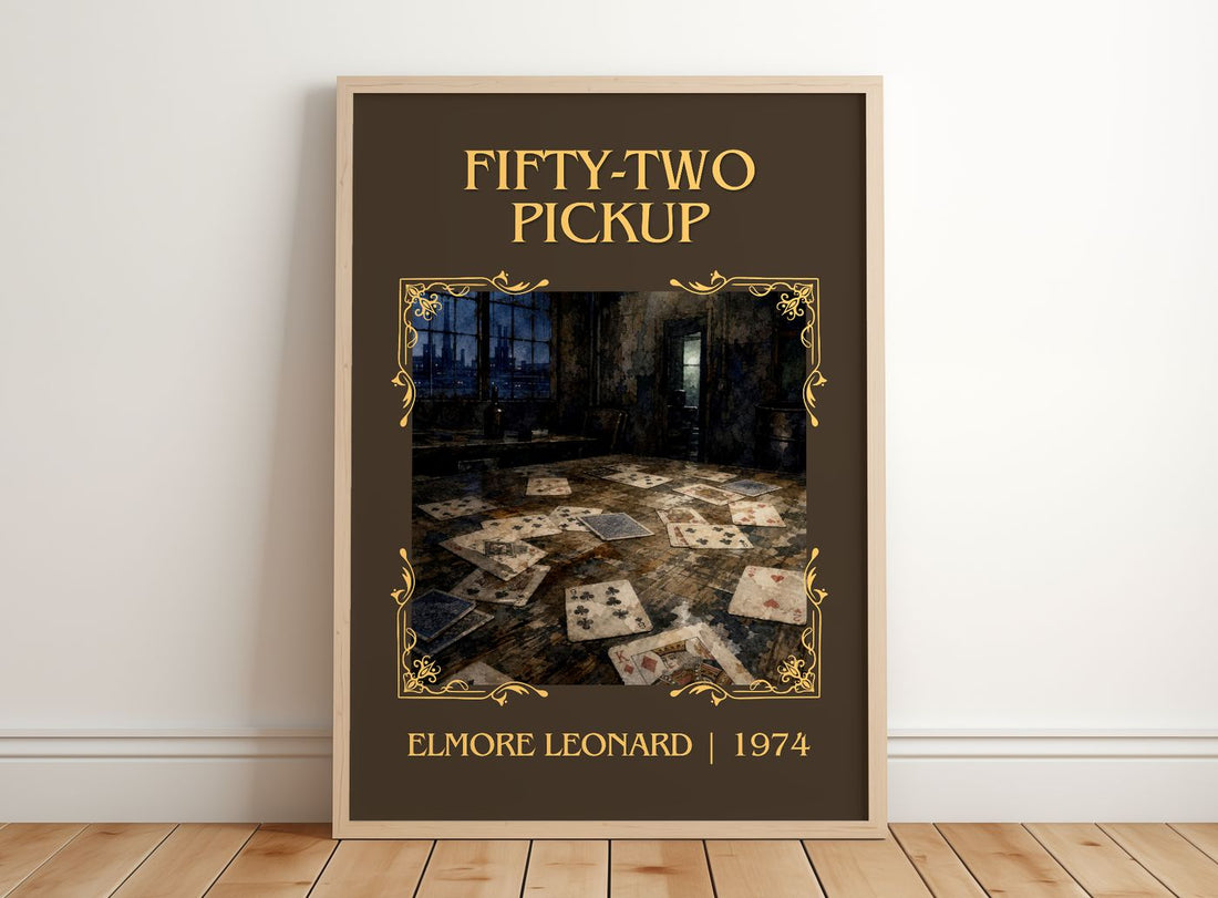 Fifty-Two Pickup Classic Book Art Print by Elmore Leonard – framed print leaning on a wooden floor