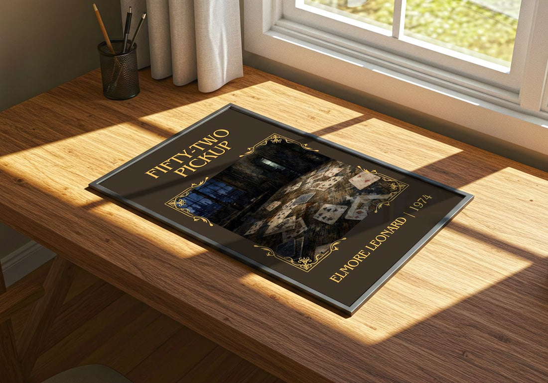 Fifty-Two Pickup Classic Book Art Print by Elmore Leonard – print on a sunlit desk