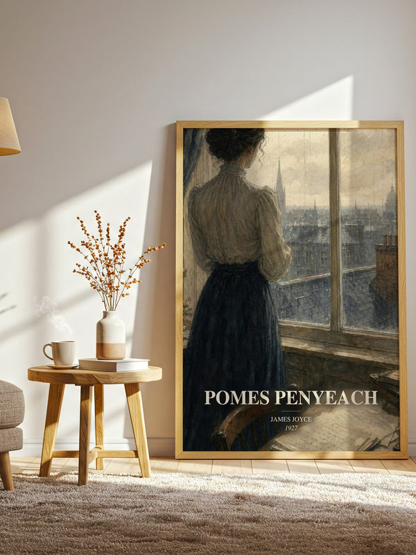 Pomes Penyeach watercolour print in frame leaning in hallway – classic literature wall art