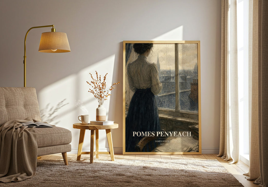 Pomes Penyeach watercolour print in frame leaning in hallway – classic literature wall art (mockup)