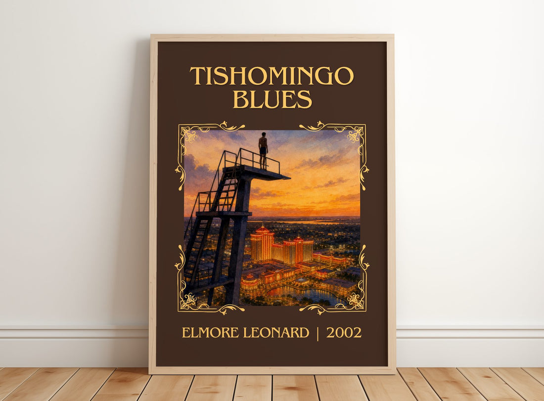 Tishomingo Blues Classic Book Art Print by Elmore Leonard – framed print leaning on a wooden floor