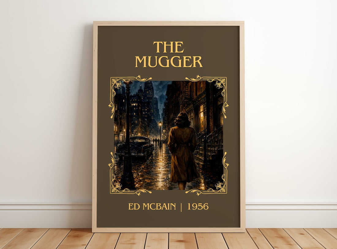 The Mugger Classic Book Art Print by Ed McBain – framed print leaning on a wooden floor