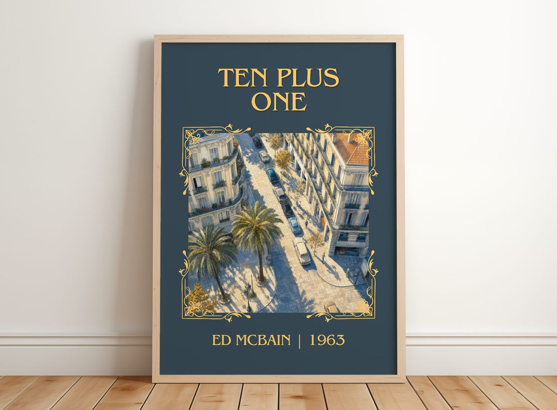 Ten Plus One Classic Book Art Print by Ed McBain – framed print leaning on a wooden floor