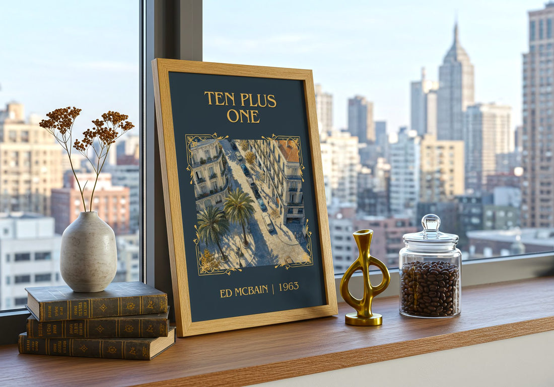 Ten Plus One Classic Book Art Print by Ed McBain – framed print on a city-view windowsill