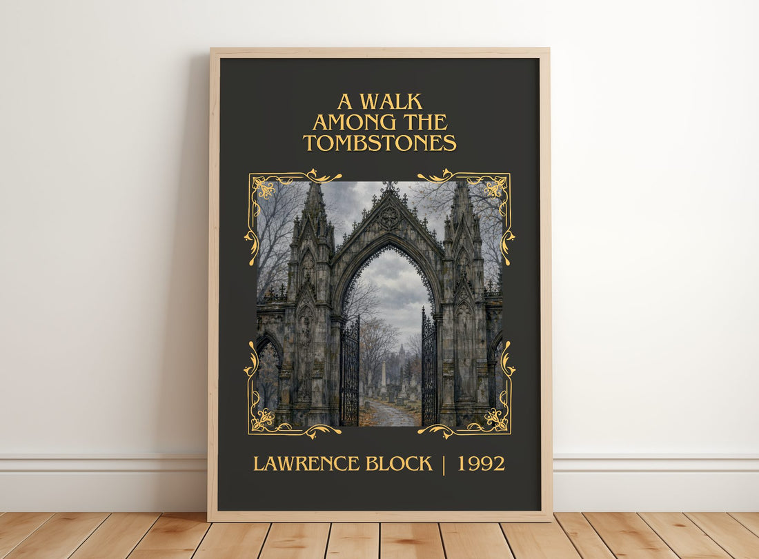 A Walk Among the Tombstones Classic Book Art Print by Lawrence Block – framed print leaning on a wooden floor