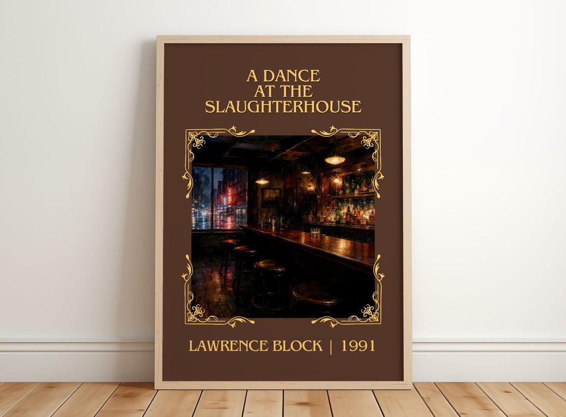 A Dance at the Slaughterhouse Classic Book Art Print by Lawrence Block – framed print leaning on a wooden floor